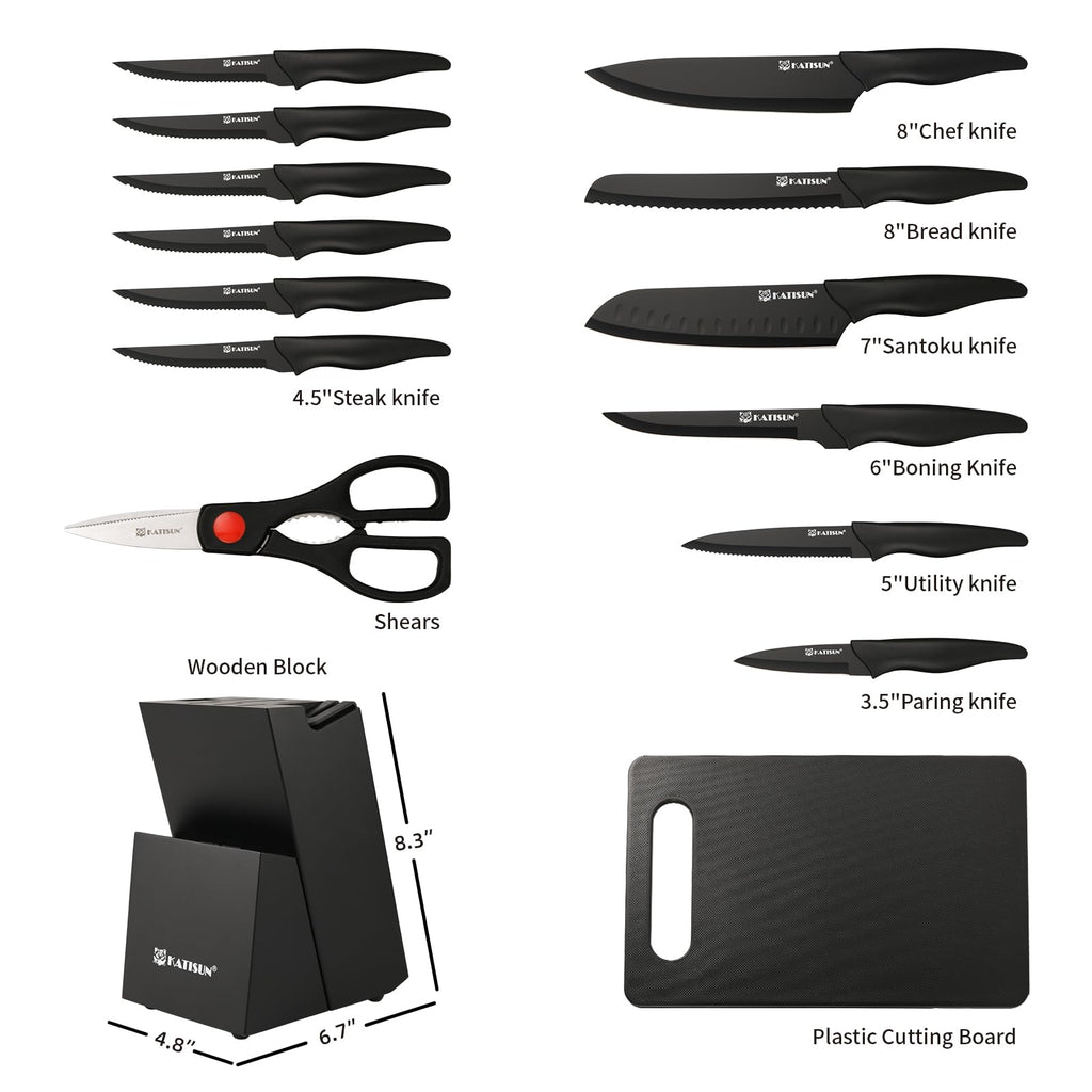 16 Pieces Kitchen Knife Block Set With Cutting Board, German Stainless Steel Knife Set With Sharpener, Dishwasher Safe, Anti-Slip Handle, 6 Steak Knives, Black