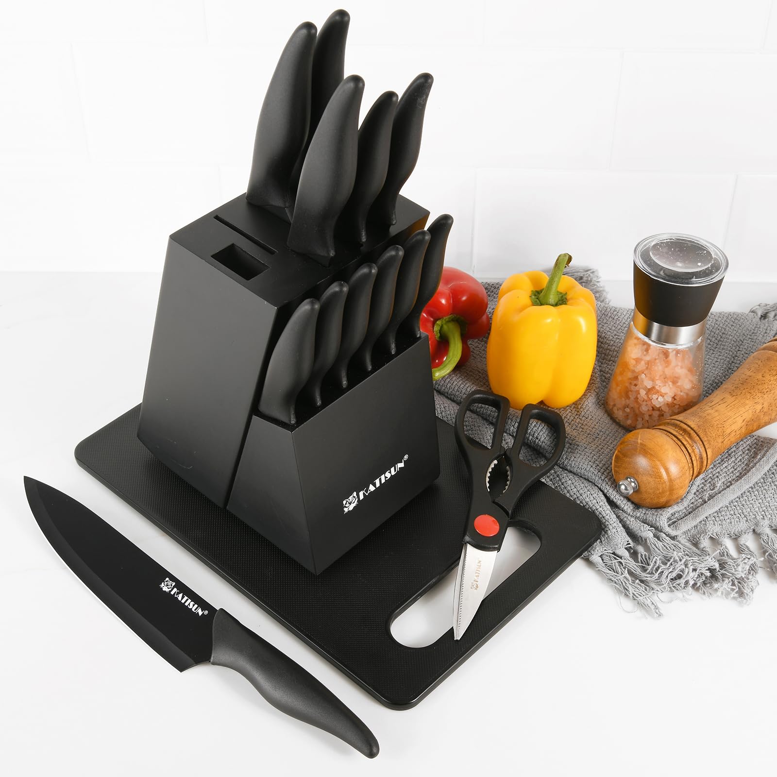 16 Pieces Kitchen Knife Block Set With Cutting Board, German Stainless Steel Knife Set With Sharpener, Dishwasher Safe, Anti-Slip Handle, 6 Steak Knives, Black